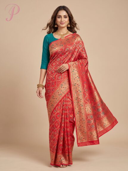 Peach (with Teal Blue woven motifs) Banarasi Handloom Saree