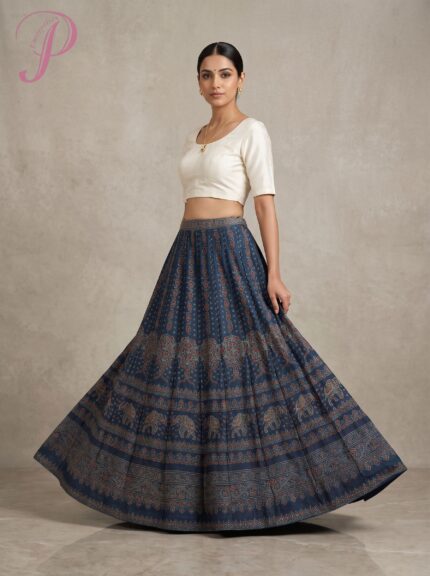 Handmade Print Gajji Silk Elephant Print on Skirt