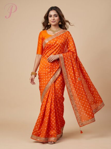 Rust Orange Bandhej Semi Silk Saree with Mirror Work