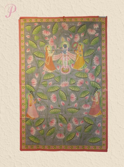 Handmade Pichwai Painting – Shrinathji in Lotus Bloom with Attendant Gopis