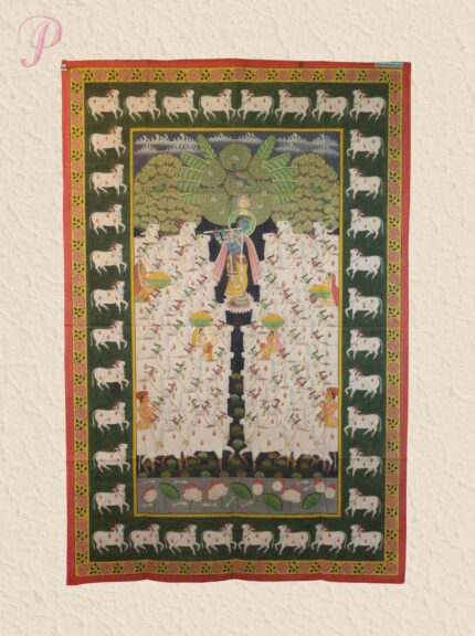 Handmade Pichwai Painting – Shrinathji with Sacred Cow Darshan