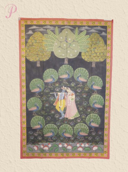 Handmade Pichwai Painting – Radha Krishna with Peacock Garden