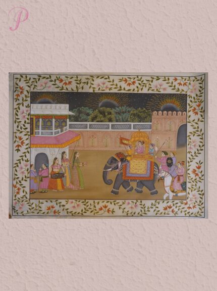 Handmade Royal Elephant Procession Miniature Painting – Rajasthani Court Scene