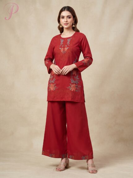 Women's Maroon Floral Embroidered Kurta with Palazzo Set