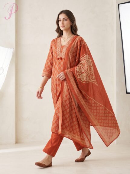 Women's Rust Printed Kurta Pant Set with Designer Dupatta