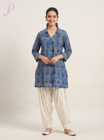 Women's Blue Geometric Printed Cotton Shirt Tunic