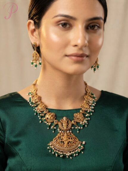 Traditional Temple Jewelry Necklace Set with Goddess Lakshmi Pendant