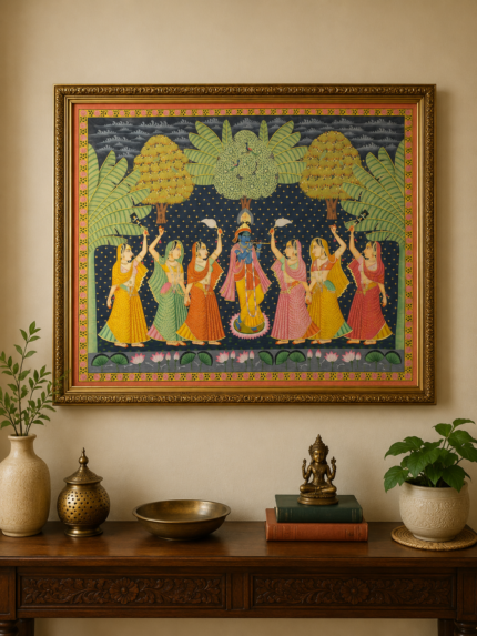 Handmade Pichwai Painting – Krishna Raas Leela Under Kadamba Tree