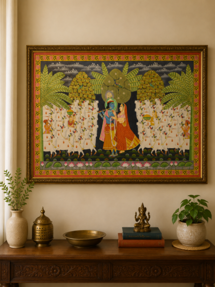 Handmade Pichwai Painting – Krishna & Radha with Sacred Cows