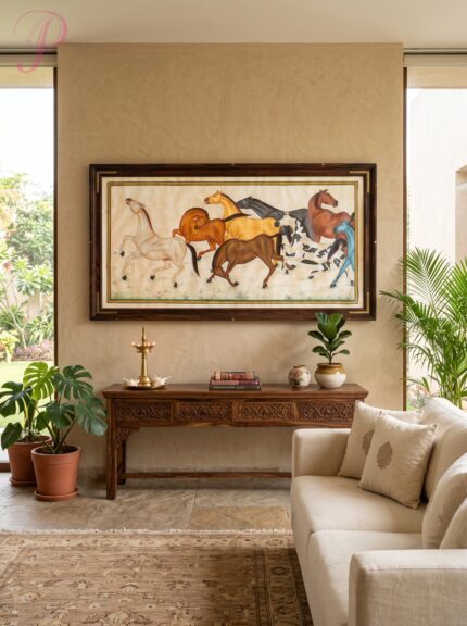 Horse Family on Silk Miniature Hand Brush Painting