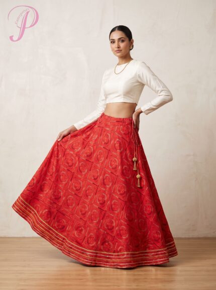 Bandhani Skirt on Modal Silk Fabric with Gotta Lace Border Work