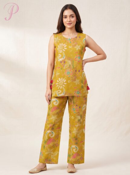 Women's Mustard Floral Printed Co-ord Set (Sleeveless Top & Straight Pants)
