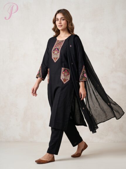 Women's Black Embroidered Kurta Set with Dupatta