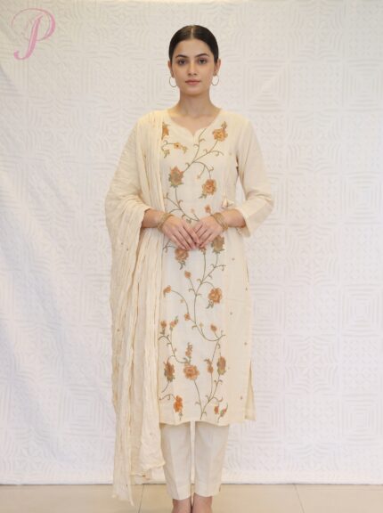 Women's Ivory Floral Embroidered Kurta Set with Dupatta