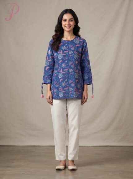 Women's Blue Floral Printed Cotton Top