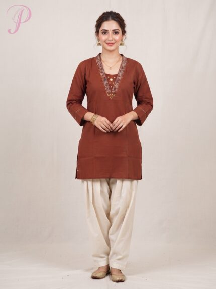 Women's Rust Brown Embellished Cotton Kurti