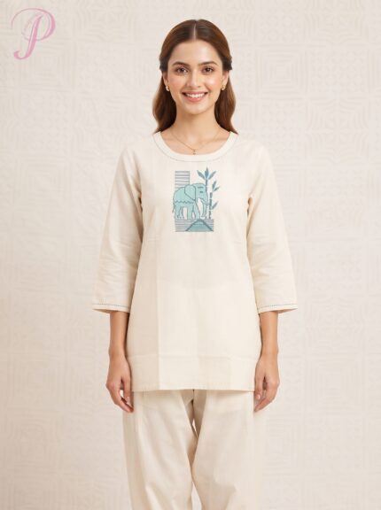 Women's Ivory Cotton Tunic with Elephant Embroidery