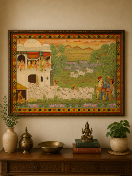 Handmade Pichwai Painting – Krishna Returning with Sacred Cows (Gau Charan Leela)