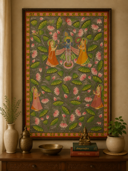 Handmade Pichwai Painting – Shrinathji in Lotus Bloom with Attendant Gopis