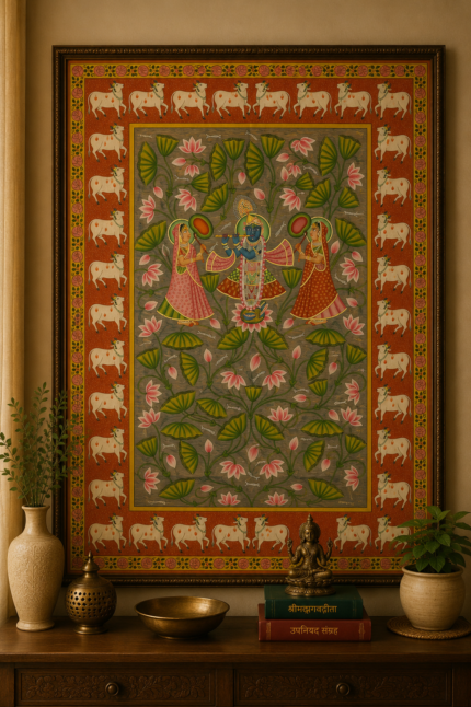 Handmade Pichwai Painting – Shrinathji with Kamal Van & Sacred Cow Border