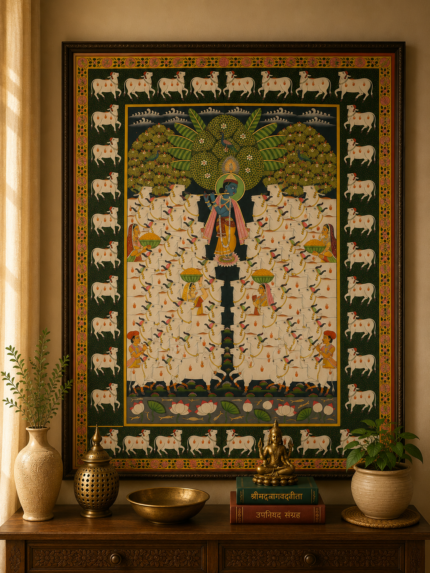 Handmade Pichwai Painting – Shrinathji with Sacred Cow Darshan