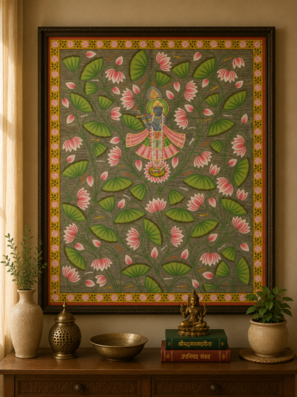 Handmade Pichwai Painting – Shrinathji in Sacred Lotus Pond