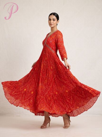 Georgette Fabric Rajasthani Bandhani Long Dress with KanKan in the Bottom