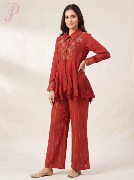 Women's Rust Red Embroidered Asymmetric Tunic & Striped Palazzo Set