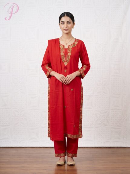 Women's Crimson Red Embroidered Kurta Set with Dupatta