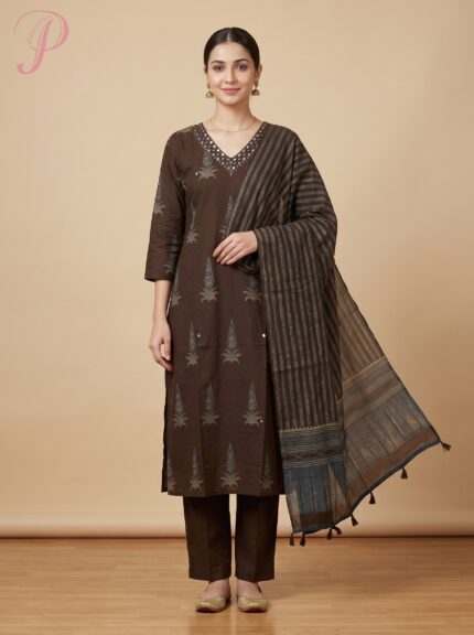 Women's Chocolate Brown Printed Kurta Pant Set with Striped Dupatta