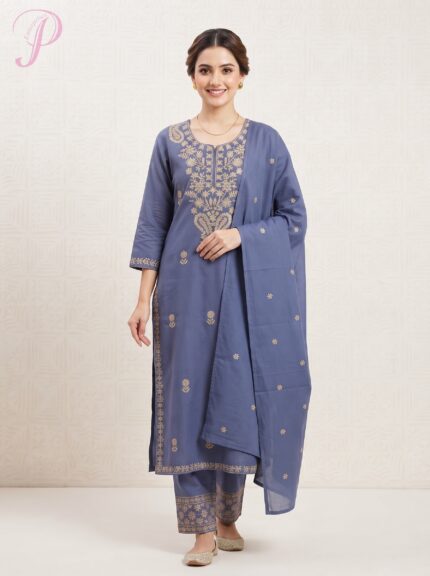Women's Slate Blue Embroidered Kurta Pant Set with Dupatta