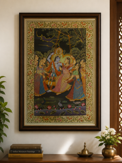 Handmade Pichwai Painting – Krishna Jhulan Leela (Swing Festival) Under the Moonlit Sky