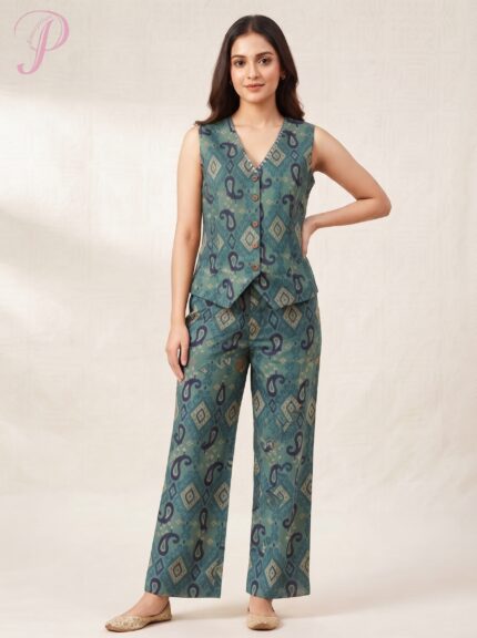 Women's Teal Printed Sleeveless Co-ord Set (Button-Down Vest & Wide-Leg Pants)