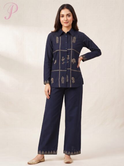 Women's Navy Blue Embroidered Shirt Kurta & Straight Pant Set