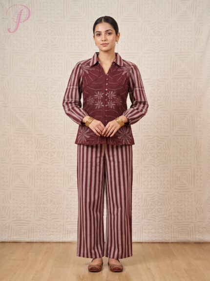 Women's Mocha Brown Embroidered Shirt Co-ord Set with Striped Wide-Leg Pants