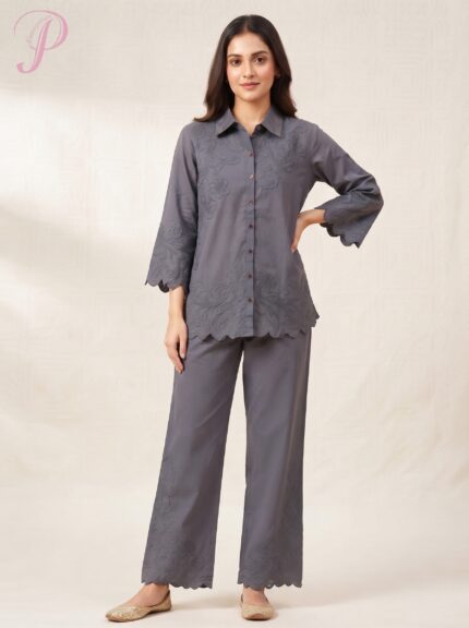 Women's Slate Grey Embroidered Shirt Co-ord Set with Straight Pants