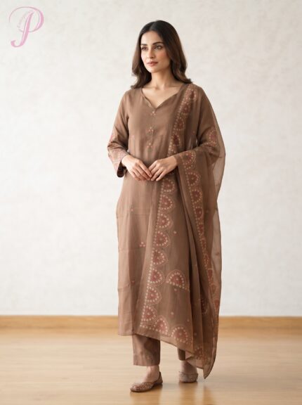 Women's Coffee Brown Embroidered Kurta Set with Dupatta