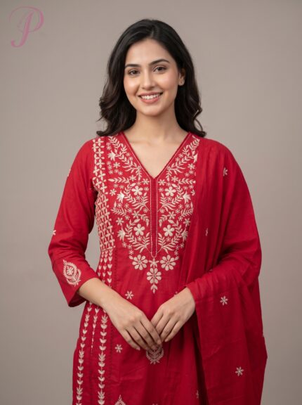Women's Ruby Red Embroidered Kurta Set with Dupatta