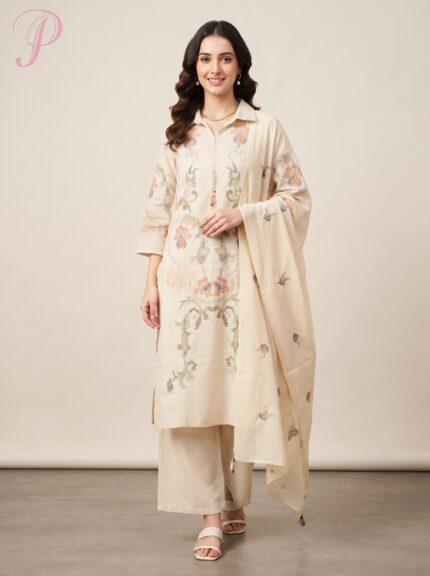 Women's Ivory Embroidered Kurta Palazzo Set with Matching Dupatta