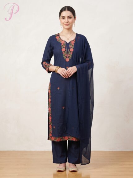 Women's Navy Blue Floral Embroidered Kurta Pant Set with Dupatta