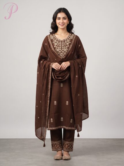 Women's Chocolate Brown Embroidered Kurta Pant Set with Dupatta