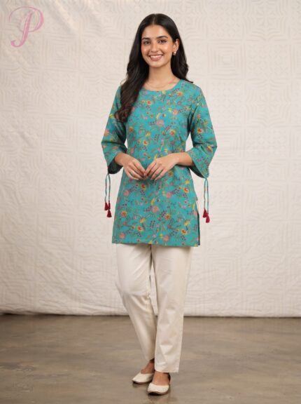 Women's Turquoise Floral Printed Cotton Tunic