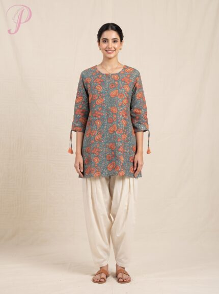 Women's Teal Floral Printed Cotton Tunic