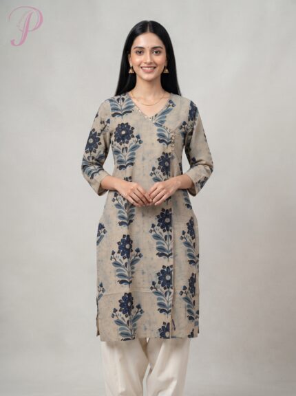 Women's Beige & Navy Floral Print Cotton Kurta