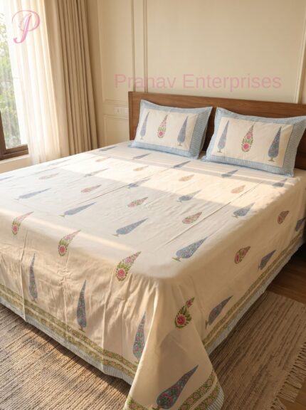 Elegant White Floral Printed Bedsheet with Blue & Pink Motifs