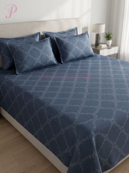 Steel Blue Geometric Printed Bedsheet & Pillow Cover Set