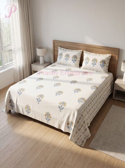 Elegant White Floral Printed Bedsheet with Mustard & Blue Motifs