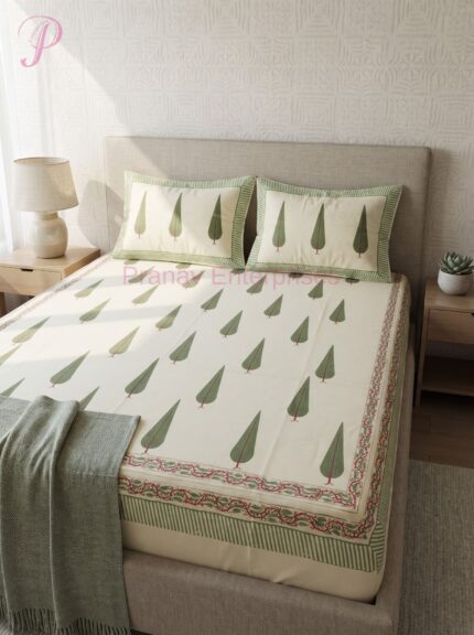 Green Leaf Printed Bedsheet & Pillow Cover Set