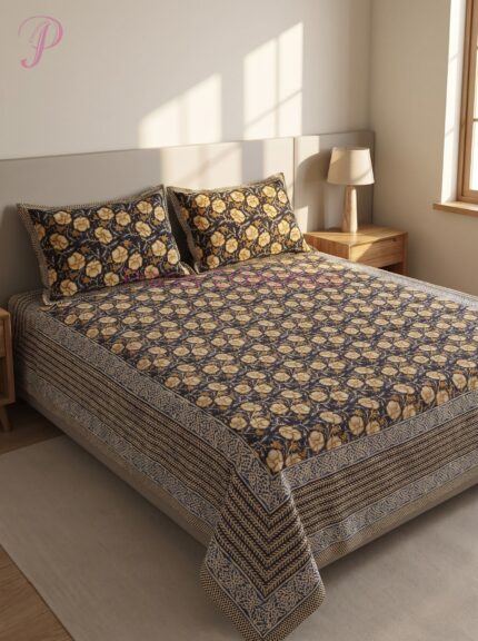 Navy Blue & Mustard Floral Printed Bedsheet & Pillow Cover Set