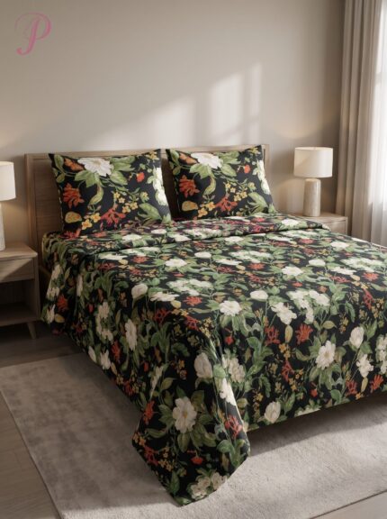 Black Floral Printed Bedsheet & Pillow Cover Set